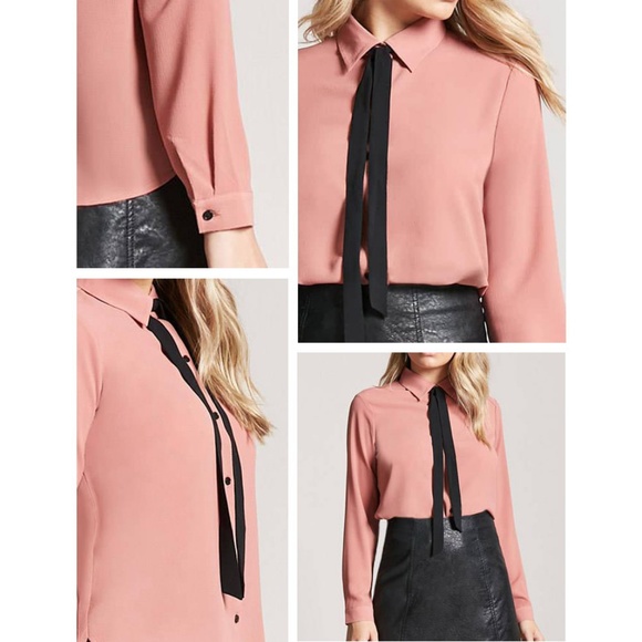 Mauve Pink Bow Tie Button Shirt Chiffon Blouse Top - Picture 4 of 8